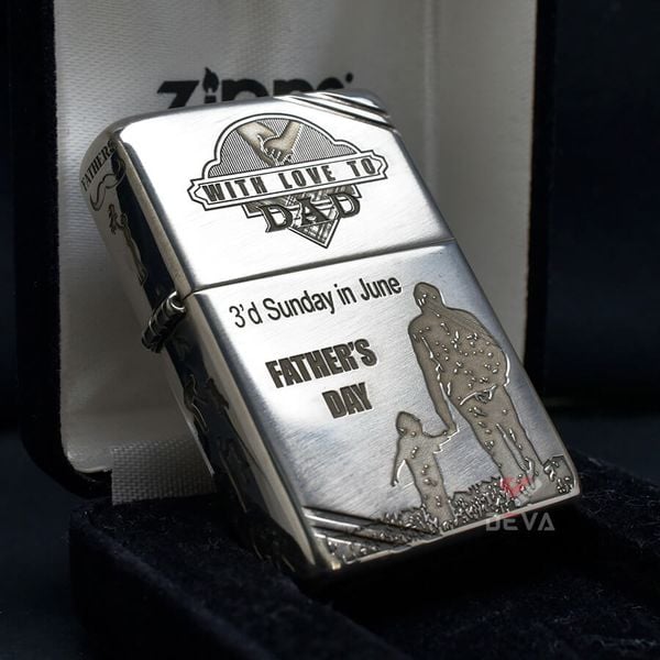 Zippo Bạc Khối Tái Bản 1937 Vintage Chặt Góc Khắc Chủ Đề Cha Con Father's Day BK04