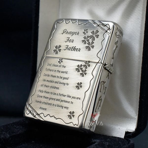 Zippo Bạc Khối Tái Bản 1937 Vintage Chặt Góc Khắc Chủ Đề Cha Con Father's Day BK04
