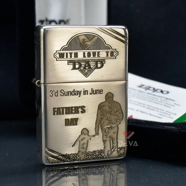Zippo Bạc Khối Tái Bản 1937 Vintage Chặt Góc Khắc Chủ Đề Cha Con Father's Day BK04