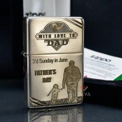 Zippo Bạc Khối Tái Bản 1937 Vintage Chặt Góc Khắc Chủ Đề Cha Con Father's Day BK04