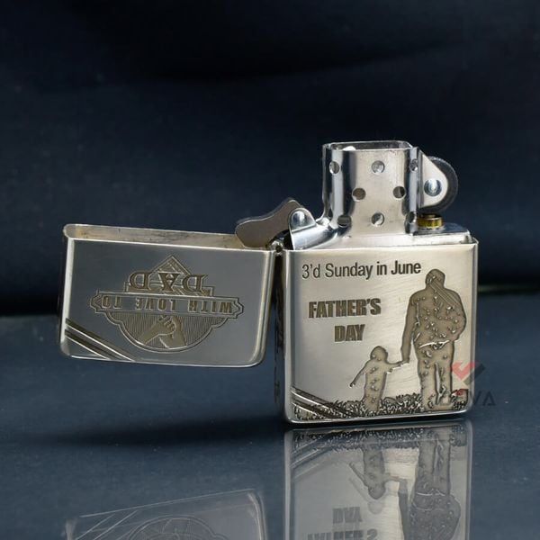 Zippo Bạc Khối Tái Bản 1937 Vintage Chặt Góc Khắc Chủ Đề Cha Con Father's Day BK04