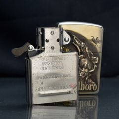 Zippo Bạc Khối Ốp Emblem Chàng Cao Bồi Cưỡi Bò Marlboro BK44