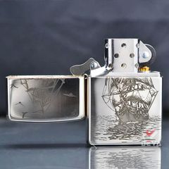 Zippo Bạc Khối Khắc Hình Thuyền Buồm BK59