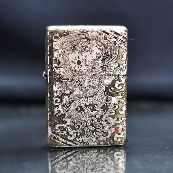 Zippo Bạc Khối Vintage Chặt Góc Khắc Rồng Mây BK72