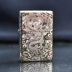 Zippo Bạc Khối Vintage Chặt Góc Khắc Rồng Mây BK72