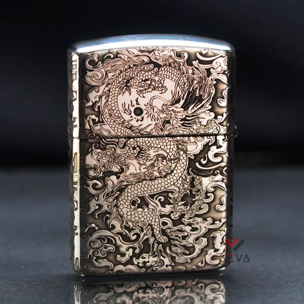 Zippo Bạc Khối Armor Khắc Rồng Mây BK82