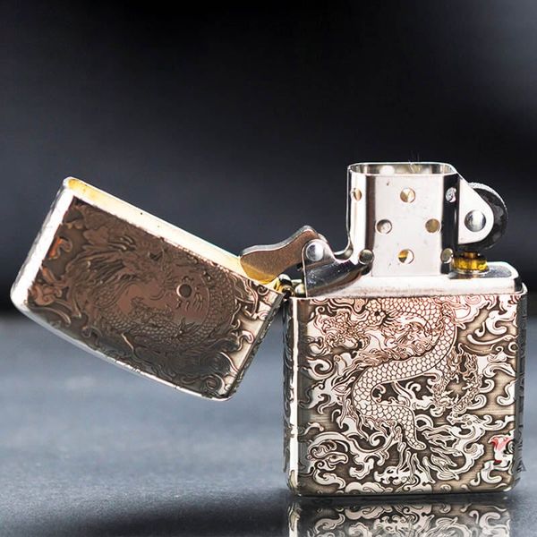 Zippo Bạc Khối Armor Khắc Rồng Mây BK82