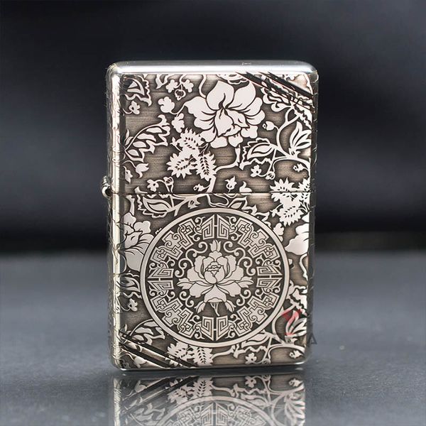 Zippo Bạc Khối Tái Bản 1937 Vintage Chặt Góc Khắc Hoa Mẫu Đơn BK80
