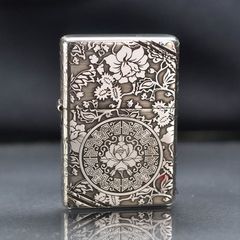 Zippo Bạc Khối Tái Bản 1937 Vintage Chặt Góc Khắc Hoa Mẫu Đơn BK80