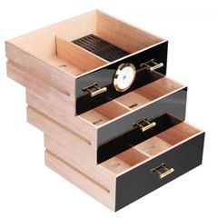 Hộp giữ ẩm Xì gà 60 điếu 3 ngăn có đồng hồ H007