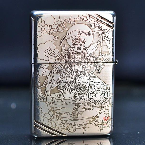 Zippo Bạc Khối Tái Bản 1937 Vintage Chặt Góc Khắc Hình Quan Vũ BK31