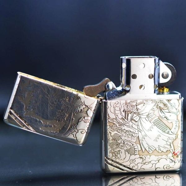 Zippo Bạc Khối Tái Bản 1937 Vintage Chặt Góc Khắc Hình Quan Vũ BK31