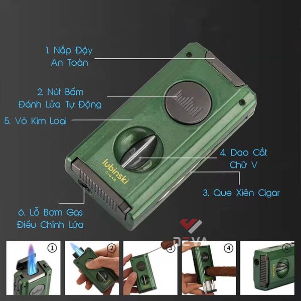 Bật lửa Lubinski khò 2 tia kèm dao cắt chữ V và đục Cigar YJA 10060