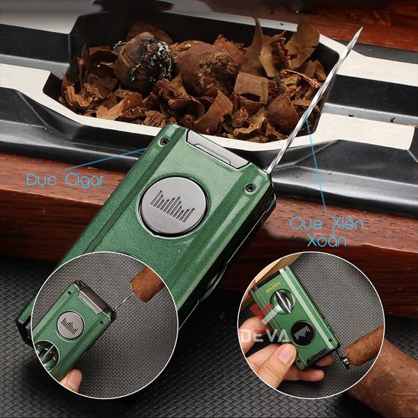 Bật lửa Lubinski khò 2 tia kèm dao cắt chữ V và đục Cigar YJA 10060