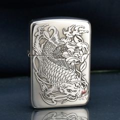 Zippo Bạc Khối Tái Bản 1941 Khắc Cá Chép Đầm Sen BK37