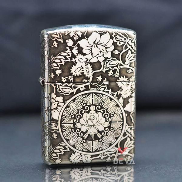 Zippo Bạc Khối Armor Khắc Hình Hoa Mẫu Đơn Các Mặt BK63