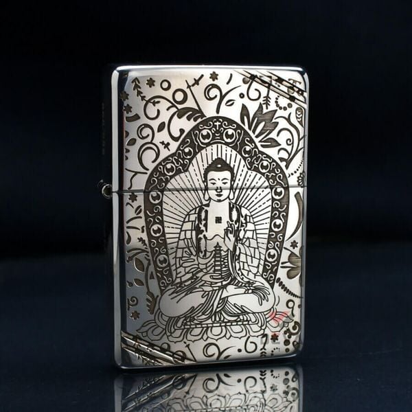 Zippo Bạc Khối Tái Bản 1937 Vintage Chặt Góc Khắc Đức Phật A Di Đà BK86