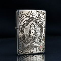 Zippo Bạc Khối Tái Bản 1937 Vintage Chặt Góc Khắc Đức Phật A Di Đà BK86