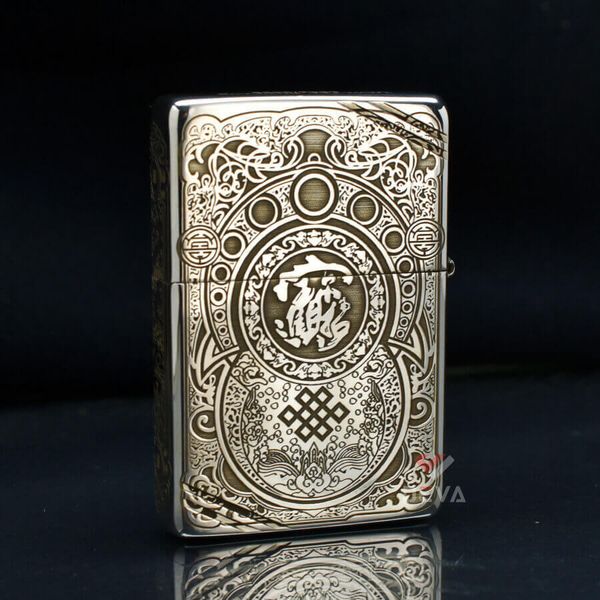 Zippo Bạc Khối Tái Bản 1937 Chặt Góc Khắc Kỳ Lân Tài Lộc BK84