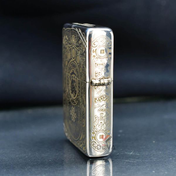 Zippo Bạc Khối Tái Bản 1937 Chặt Góc Khắc Kỳ Lân Tài Lộc BK84