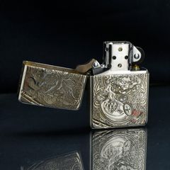 Zippo Bạc Khối Tái Bản 1937 Chặt Góc Khắc Kỳ Lân Tài Lộc BK84