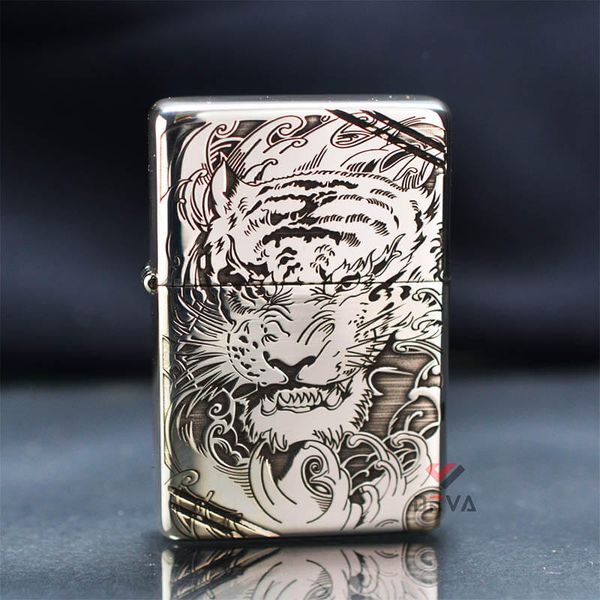 Zippo Bạc Khối Chặt Góc Hình Hổ Chúa Sơn Lâm BK76