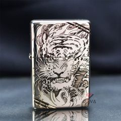 Zippo Bạc Khối Chặt Góc Hình Hổ Chúa Sơn Lâm BK76