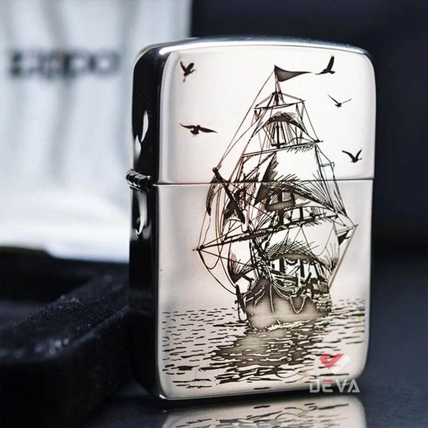 Zippo Bạc Khối Tái Bản 1941 Khắc Hình Thuyền Buồm BK55