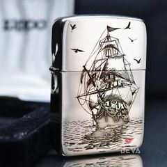 Zippo Bạc Khối Tái Bản 1941 Khắc Hình Thuyền Buồm BK55