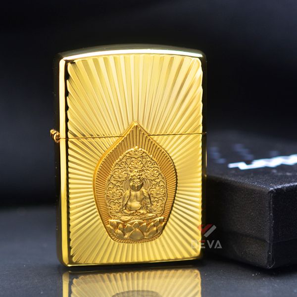 Zippo Armor Mạ Vàng Ốp Emblem Tượng Phật Phát Quang ZN35