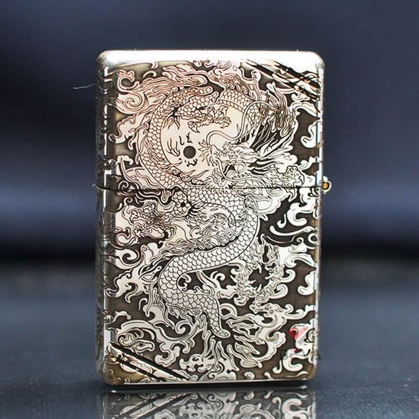 Zippo Bạc Khối Vintage Chặt Góc Khắc Rồng Mây BK72