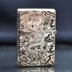 Zippo Bạc Khối Vintage Chặt Góc Khắc Rồng Mây BK72