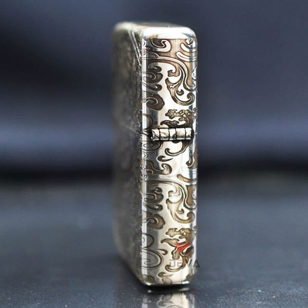 Zippo Bạc Khối Vintage Chặt Góc Khắc Rồng Mây BK72