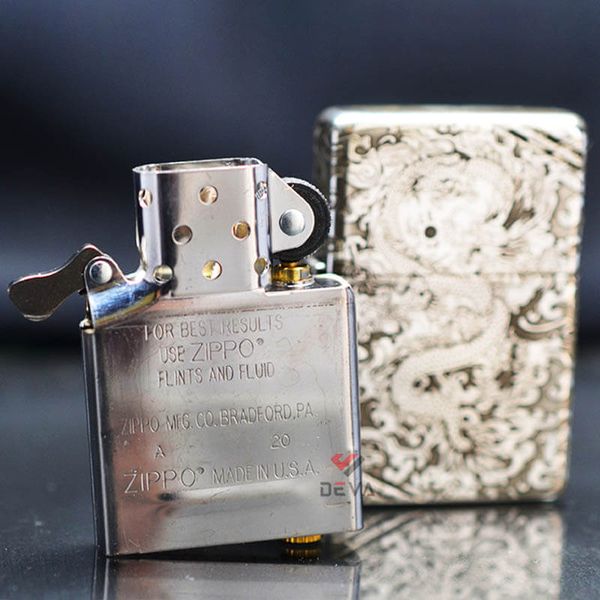 Zippo Bạc Khối Vintage Chặt Góc Khắc Rồng Mây BK72