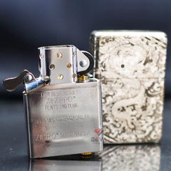 Zippo Bạc Khối Vintage Chặt Góc Khắc Rồng Mây BK72