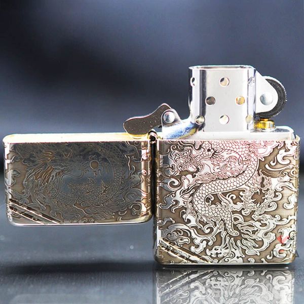 Zippo Bạc Khối Vintage Chặt Góc Khắc Rồng Mây BK72