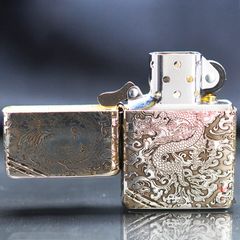 Zippo Bạc Khối Vintage Chặt Góc Khắc Rồng Mây BK72
