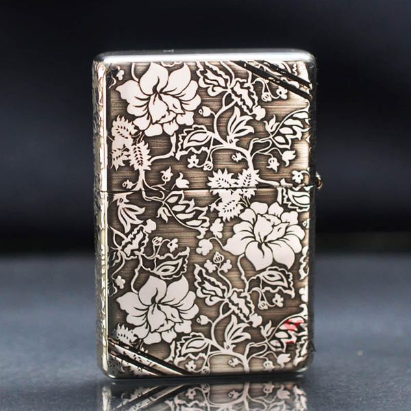 Zippo Bạc Khối Tái Bản 1937 Vintage Chặt Góc Khắc Hoa Mẫu Đơn BK80