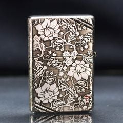 Zippo Bạc Khối Tái Bản 1937 Vintage Chặt Góc Khắc Hoa Mẫu Đơn BK80