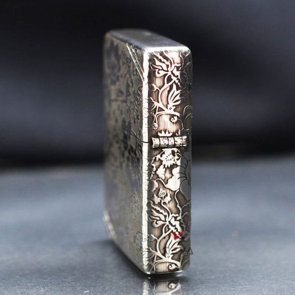 Zippo Bạc Khối Tái Bản 1937 Vintage Chặt Góc Khắc Hoa Mẫu Đơn BK80