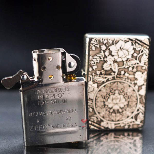 Zippo Bạc Khối Tái Bản 1937 Vintage Chặt Góc Khắc Hoa Mẫu Đơn BK80