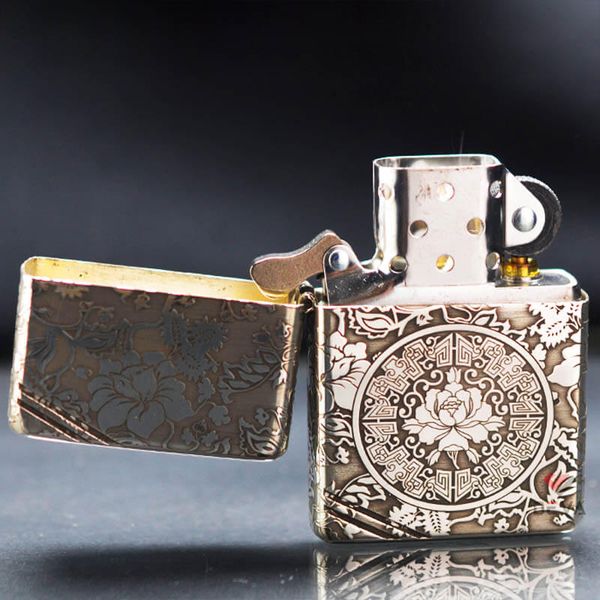 Zippo Bạc Khối Tái Bản 1937 Vintage Chặt Góc Khắc Hoa Mẫu Đơn BK80