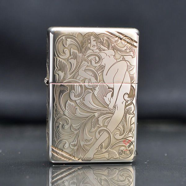 Zippo Bạc Khối Vintage Tái Bản 1937 Chặt Góc Chủ Đề Cô Gái Sexy BK07