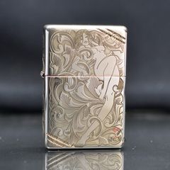 Zippo Bạc Khối Vintage Tái Bản 1937 Chặt Góc Chủ Đề Cô Gái Sexy BK07