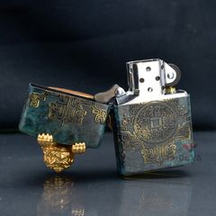 Set Zippo Hoa Văn Cổ Đại Ốp Linh Vật Tỳ Hưu May Mắn ZN66