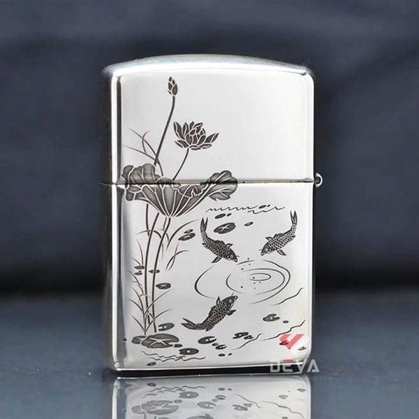 Zippo Bạc Khối Armor Khắc Cá Chép Đầm Sen BK61