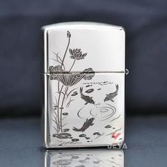 Zippo Bạc Khối Armor Khắc Cá Chép Đầm Sen BK61