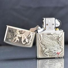 Zippo Bạc Khối Armor Khắc Cá Chép Đầm Sen BK61