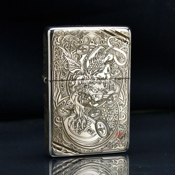 Zippo Bạc Khối Tái Bản 1937 Chặt Góc Khắc Kỳ Lân Tài Lộc BK84