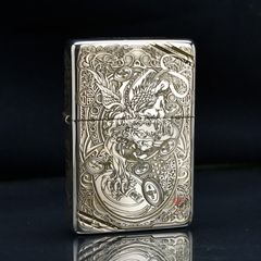 Zippo Bạc Khối Tái Bản 1937 Chặt Góc Khắc Kỳ Lân Tài Lộc BK84